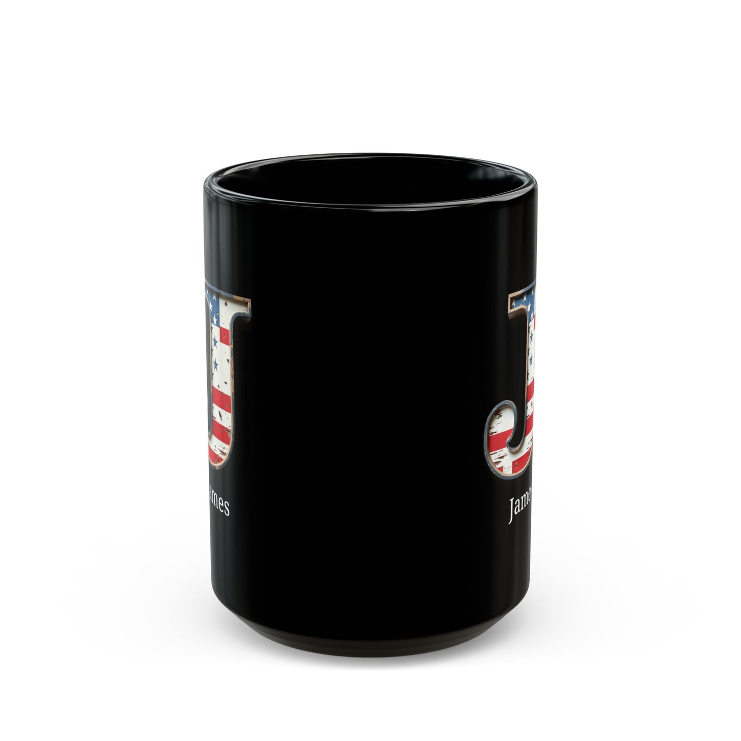 Black Personalized USA Flag Initial Mug with Letter J and James Name Gift for Men, Veterans, Patriotic Coffee Lovers