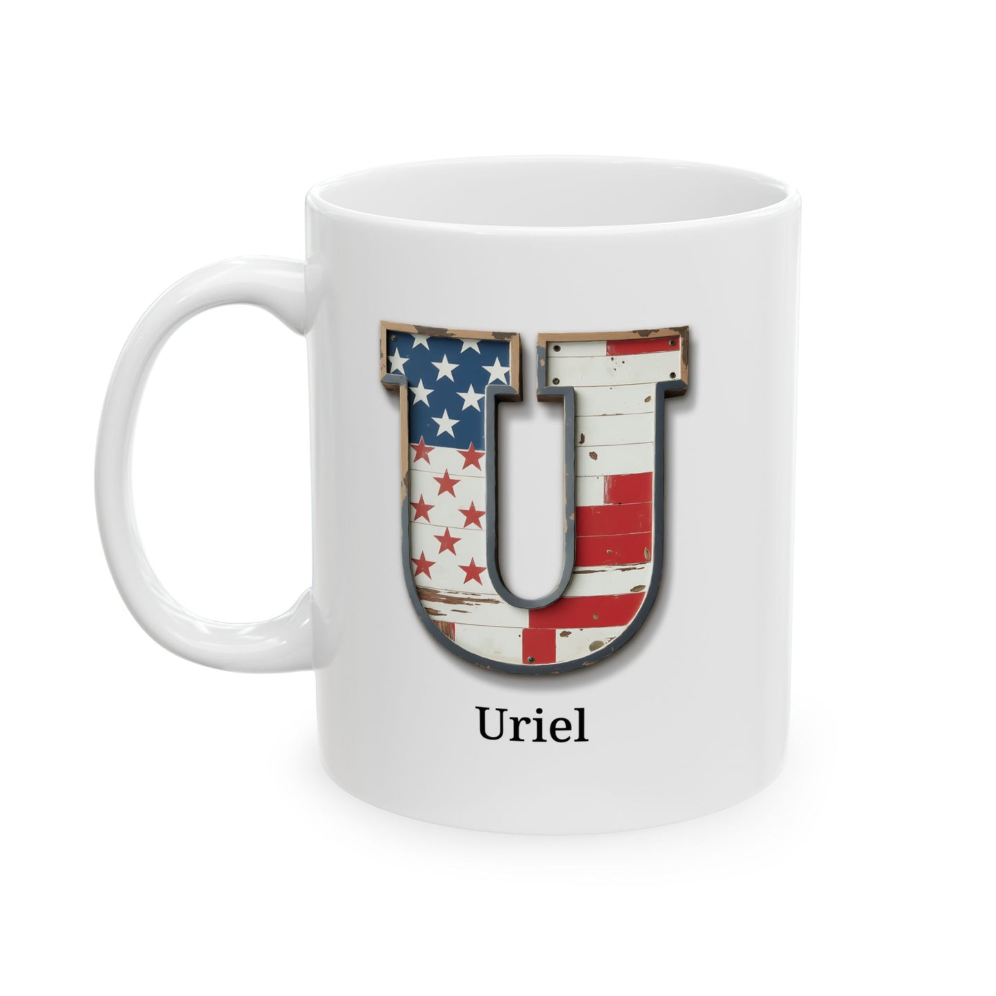 White American Flag Mug with Letter U and Name Uriel Personalized Patriotic Coffee Cup Gift for Men Veterans or USA Flag Lovers
