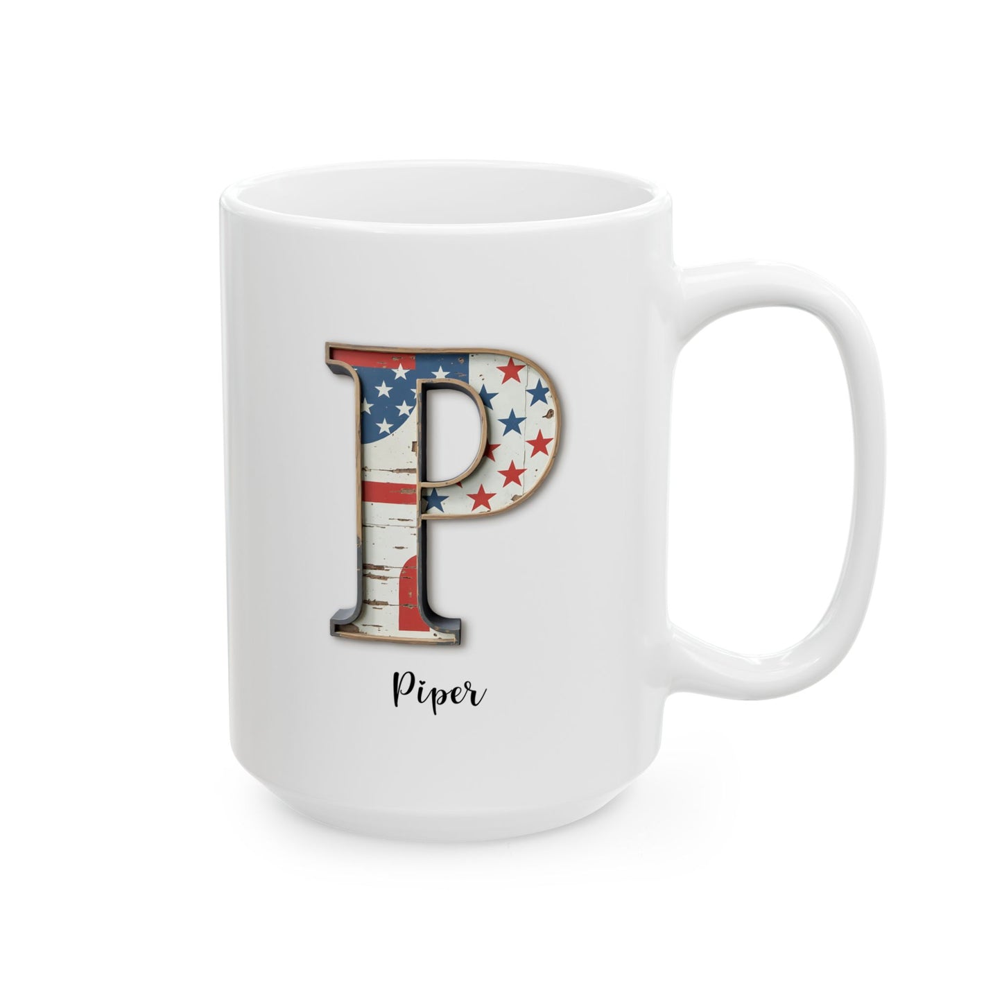 Mug - Patriotic American Flag Letter P with Kevin Name - Vintage Red, White, and Blue Design