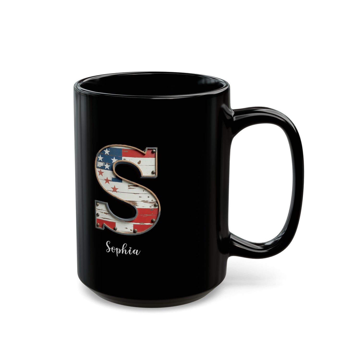 Mug - Patriotic American Flag Letter S with Kevin Name - Vintage Red, White, and Blue Design