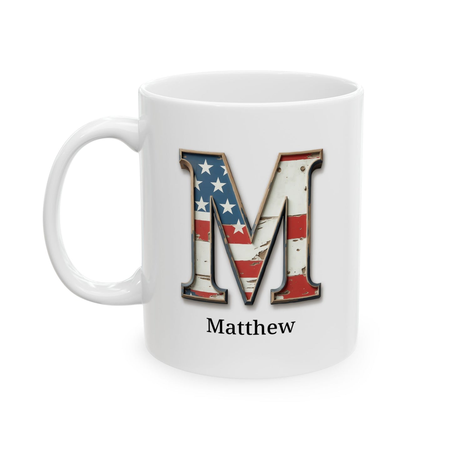 White American Flag Mug with Letter M and Name Matthew Personalized Patriotic Coffee Cup Gift for Veterans Military or Proud Americans