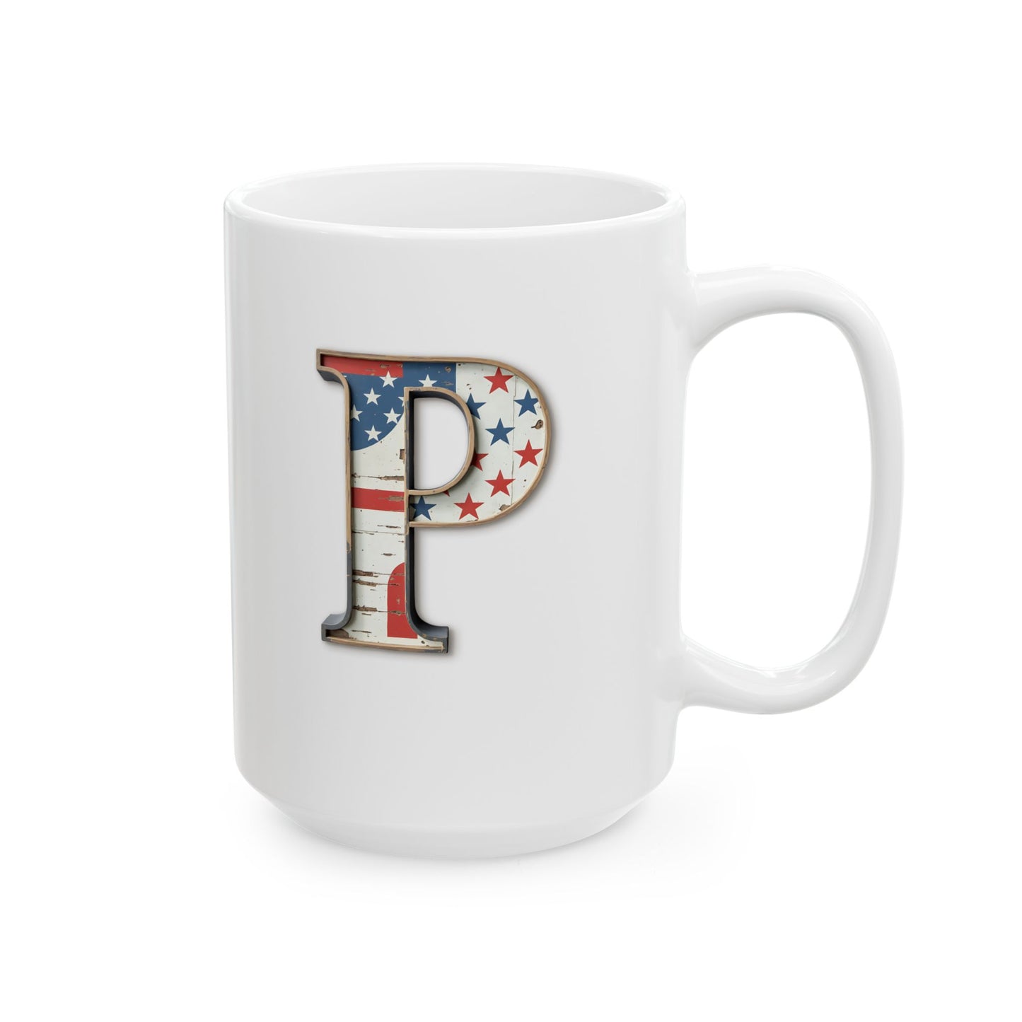 White American Flag Mug with Letter P Patriotic Initial Coffee Cup Gift for Veterans Military Families or Proud Americans