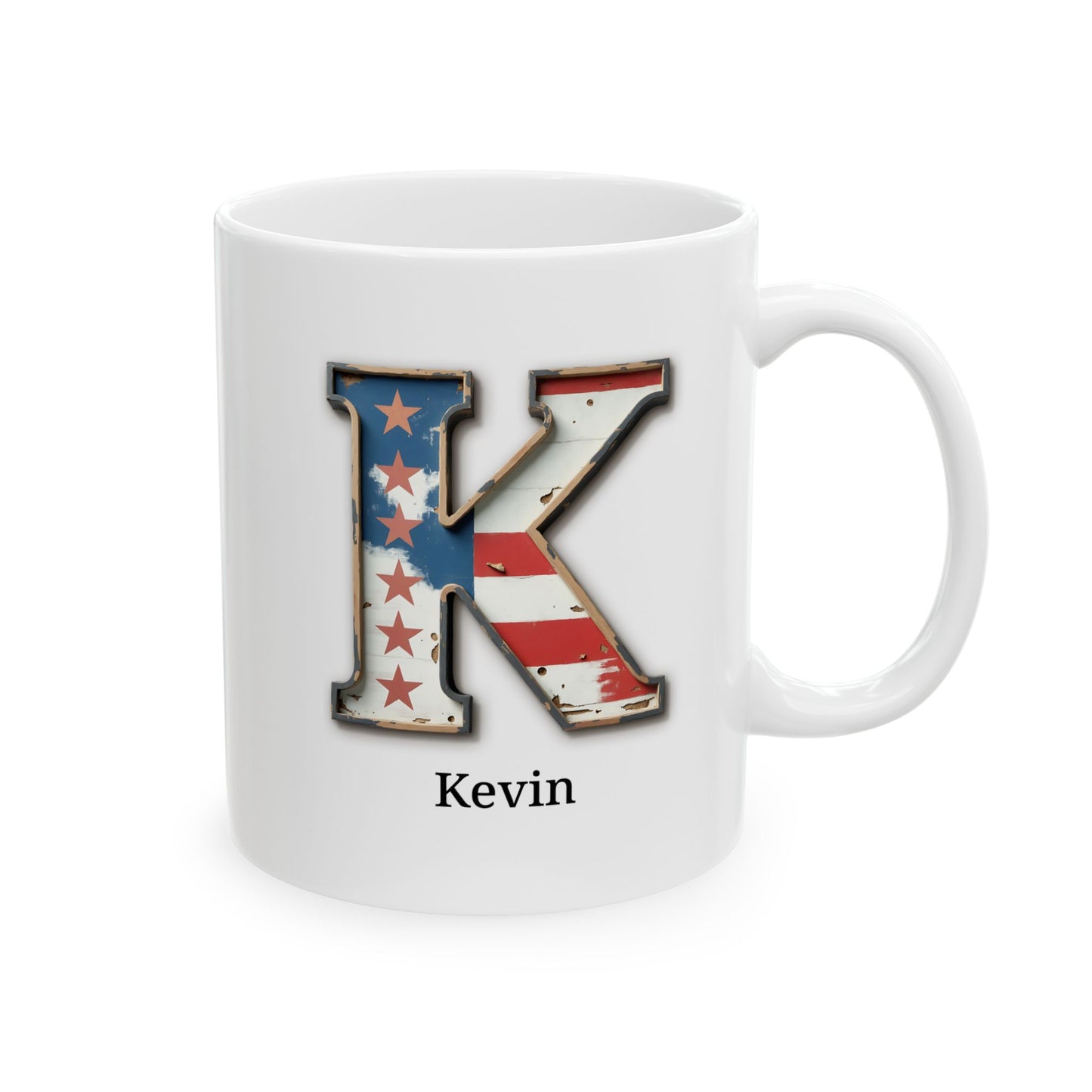 White Patriotic Initial Mug with Letter K and Name Kevin Personalized American Flag Coffee Cup Gift for Men, Veterans, or USA Supporters