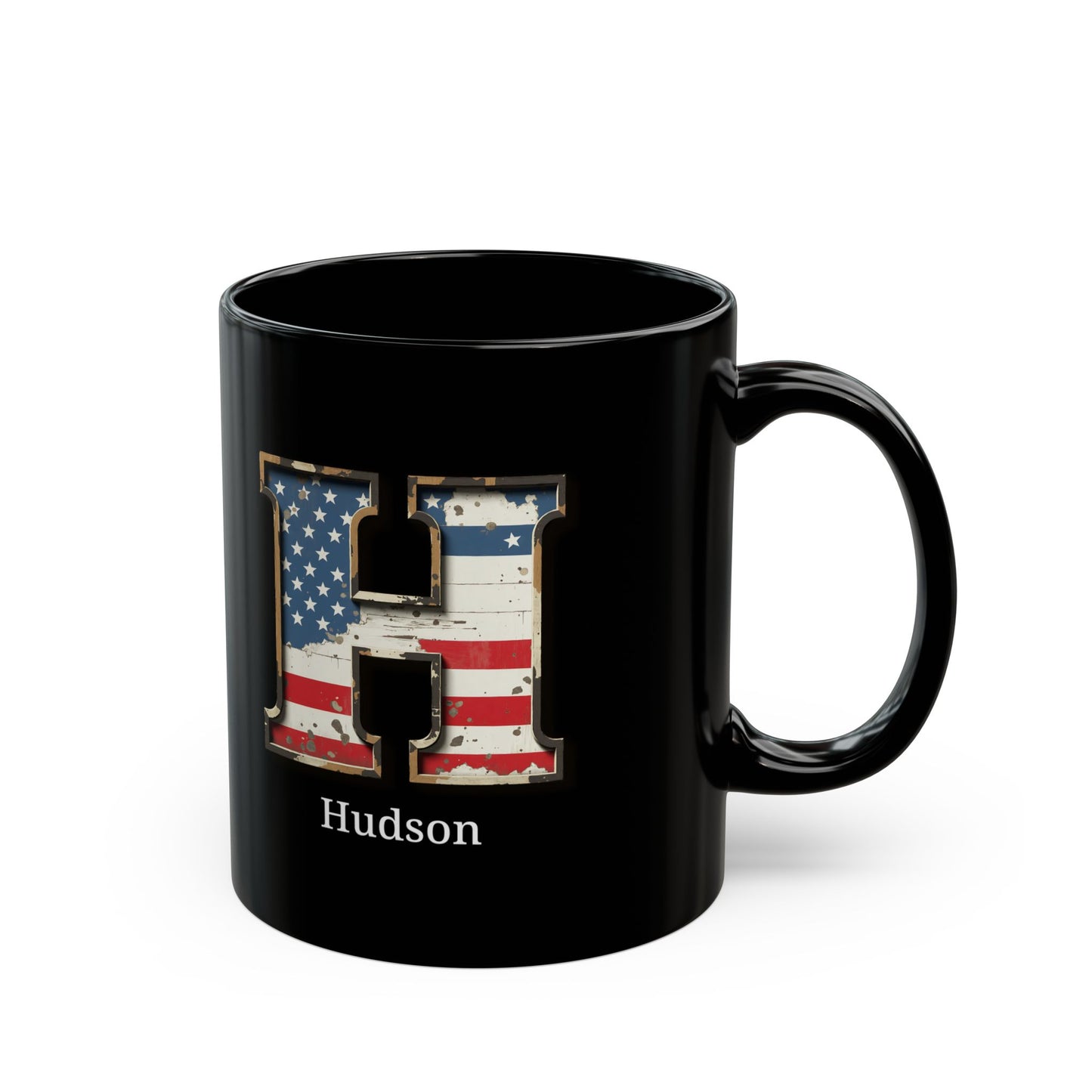 Black Personalized USA Flag Initial Mug with Letter H and Hudson Name Gift for Men, Veterans, Patriotic Coffee Lovers