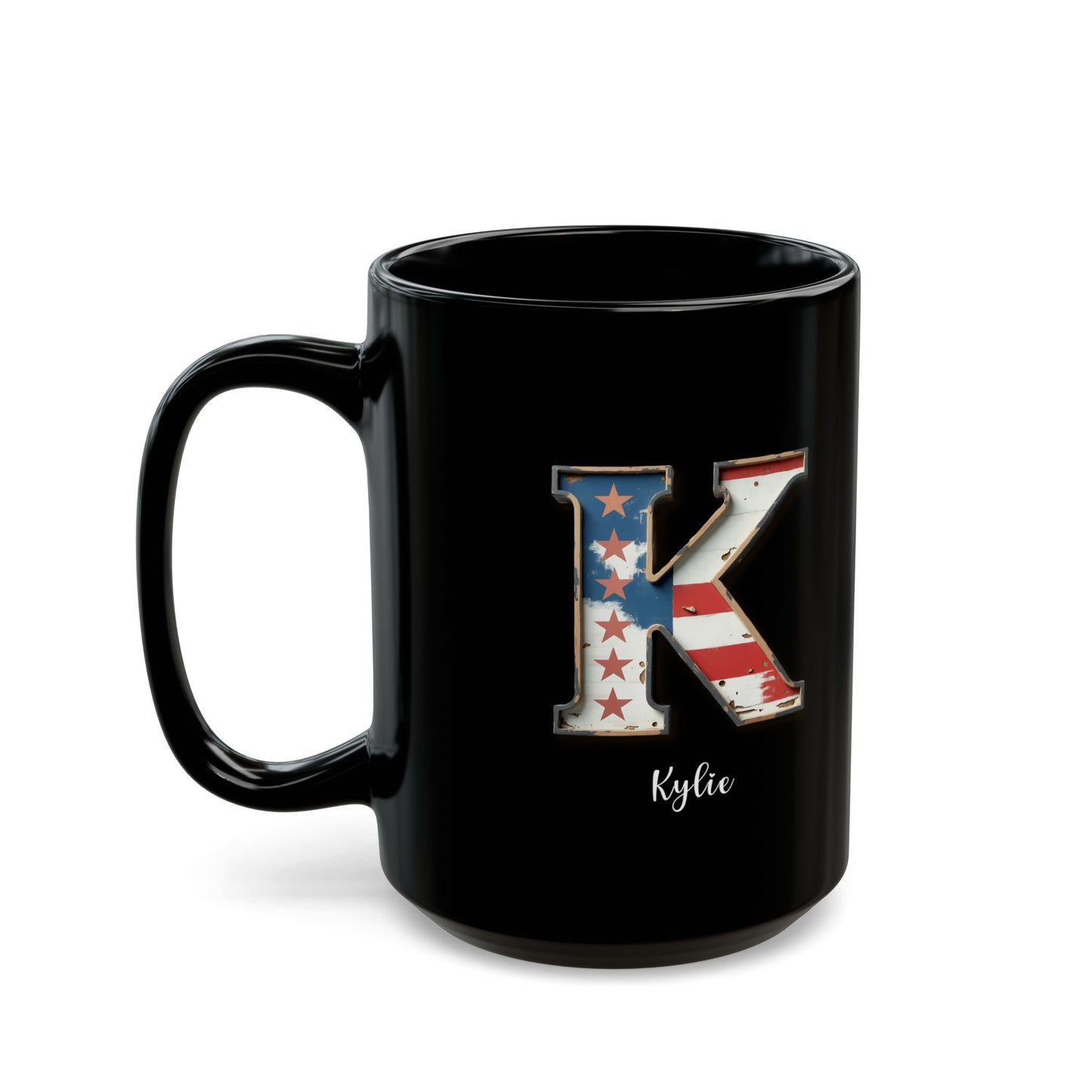 Mug - Patriotic American Flag Letter K with Kevin Name - Vintage Red, White, and Blue Design