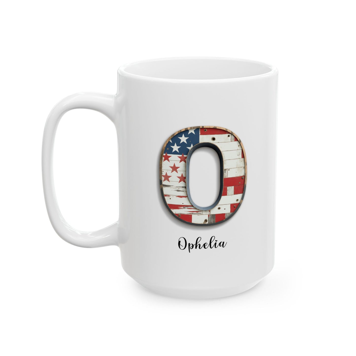 Mug - Patriotic American Flag Letter O with Kevin Name - Vintage Red, White, and Blue Design