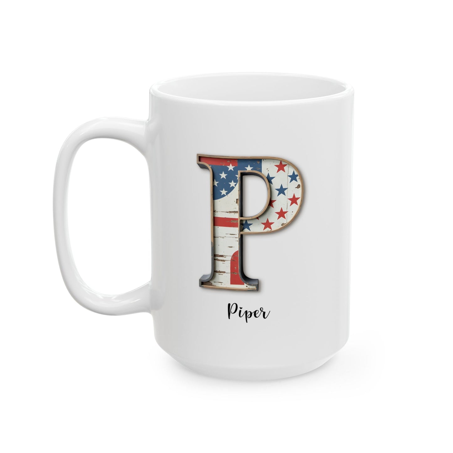 Mug - Patriotic American Flag Letter P with Kevin Name - Vintage Red, White, and Blue Design