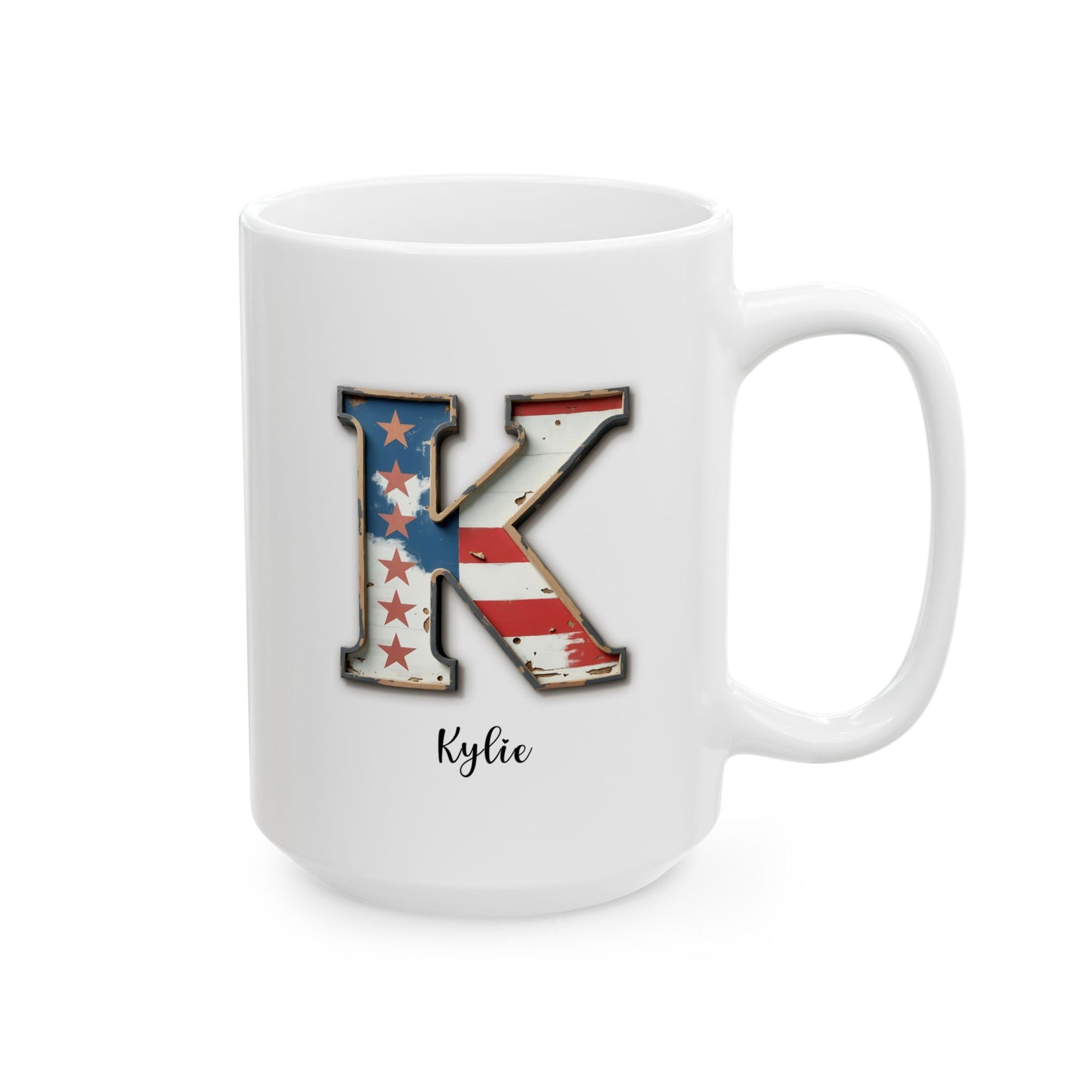 Mug - Patriotic American Flag Letter K with Kevin Name - Vintage Red, White, and Blue Design