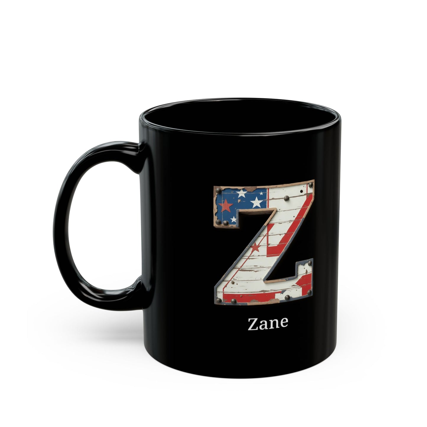 Black Personalized USA Flag Initial Mug with Letter Z and Zane Name Gift for Men, Veterans, Patriotic Coffee Lovers