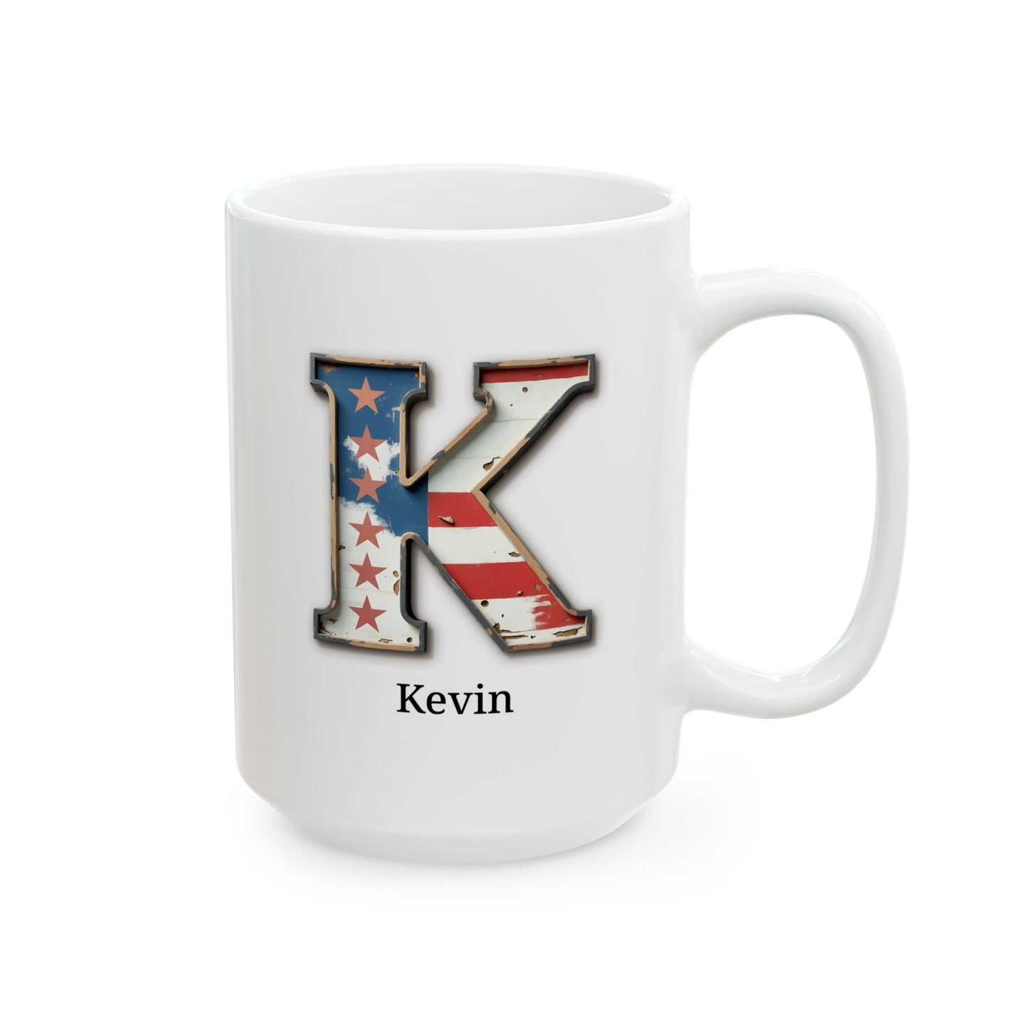 White Patriotic Initial Mug with Letter K and Name Kevin Personalized American Flag Coffee Cup Gift for Men, Veterans, or USA Supporters