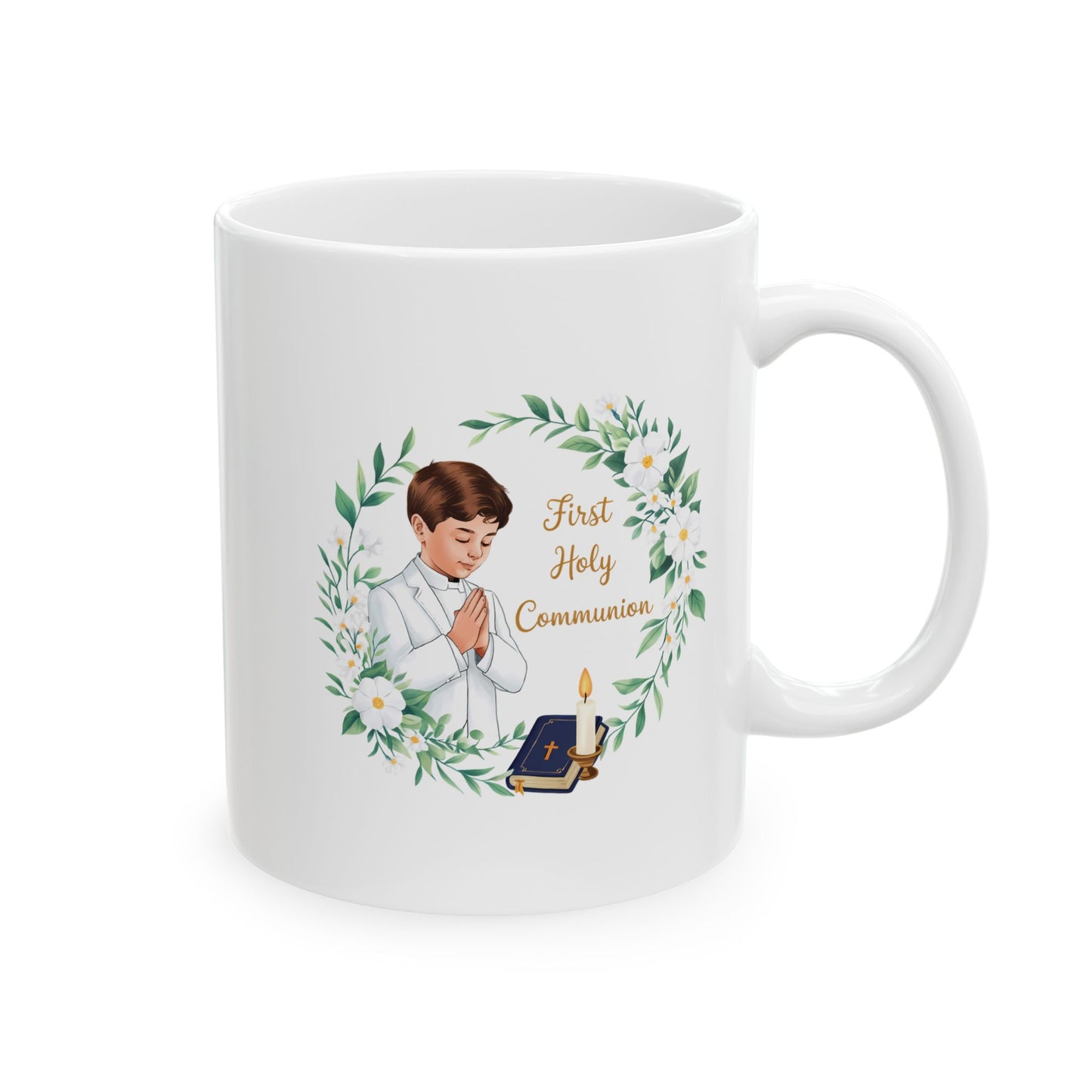First Communion Boy White Mug – Holy Gift with Prayer Design
