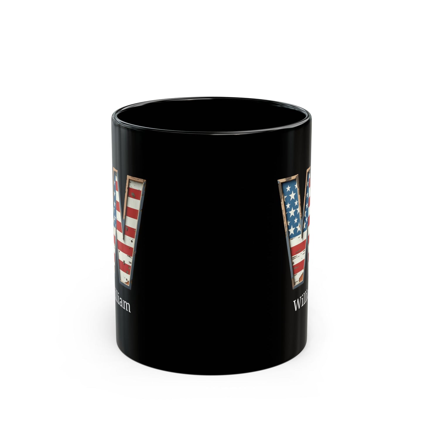 Black Personalized USA Flag Initial Mug with Letter W and William Name Gift for Men, Veterans, Patriotic Coffee Lovers