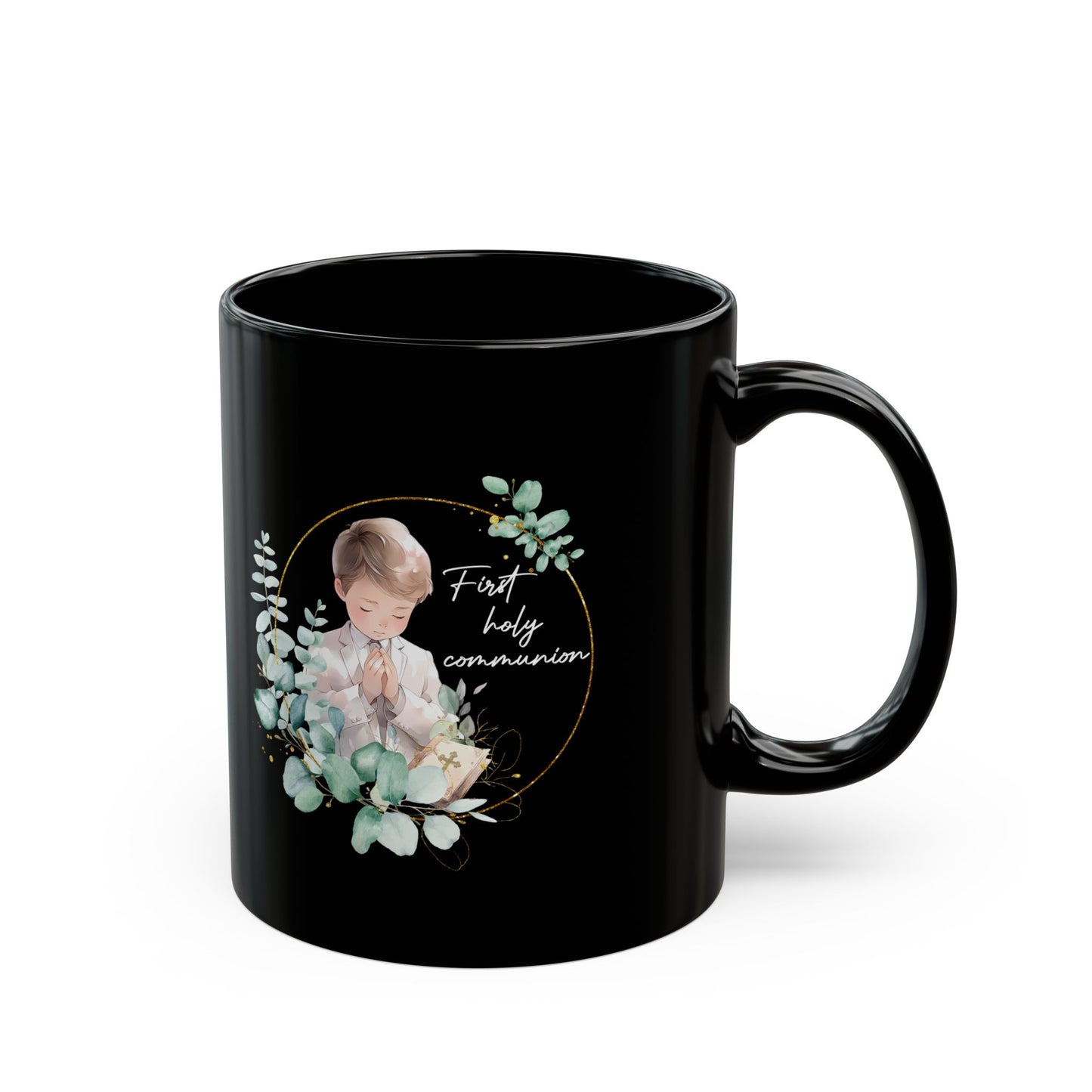 First Communion Mug for Boy – Black Mug with Eucalyptus Prayer Art