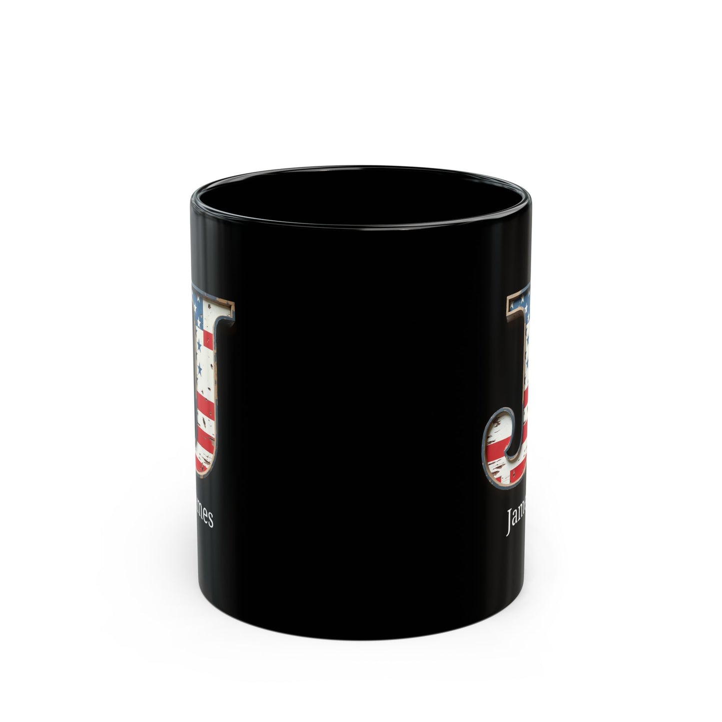 Black Personalized USA Flag Initial Mug with Letter J and James Name Gift for Men, Veterans, Patriotic Coffee Lovers