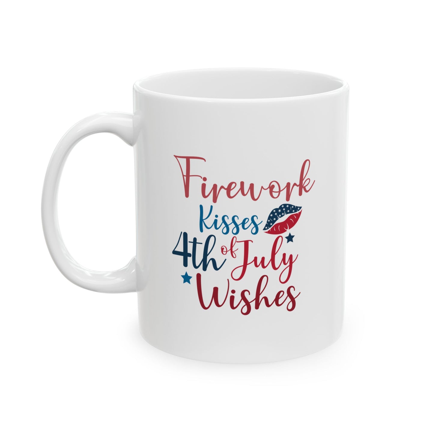 Firework Kisses 4th of July Wishes Mug – Patriotic Coffee Cup Gift