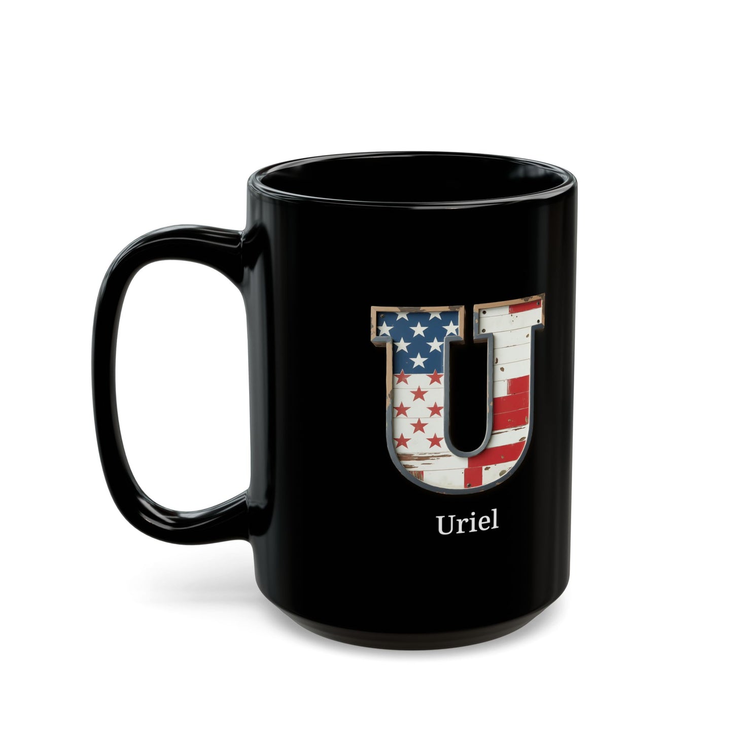 Black American Flag Mug with Letter U and Name Uriel Personalized Patriotic Coffee Cup Gift for Men Veterans or USA Supporters