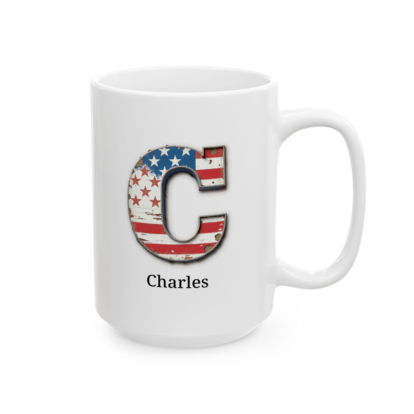 White Personalized USA Flag Initial Mug with Letter C and Charles Name Gift for Men, Veterans, Patriotic Coffee Lovers