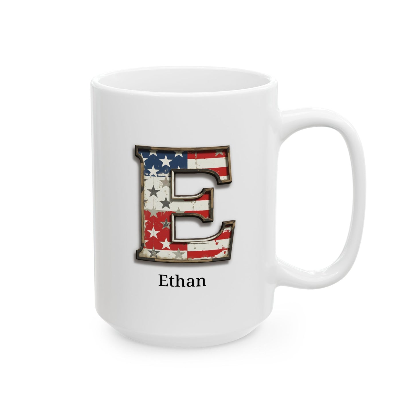 White Personalized USA Flag Initial Mug with Letter E and Ethan Name Gift for Men, Veterans, Patriotic Coffee Lovers