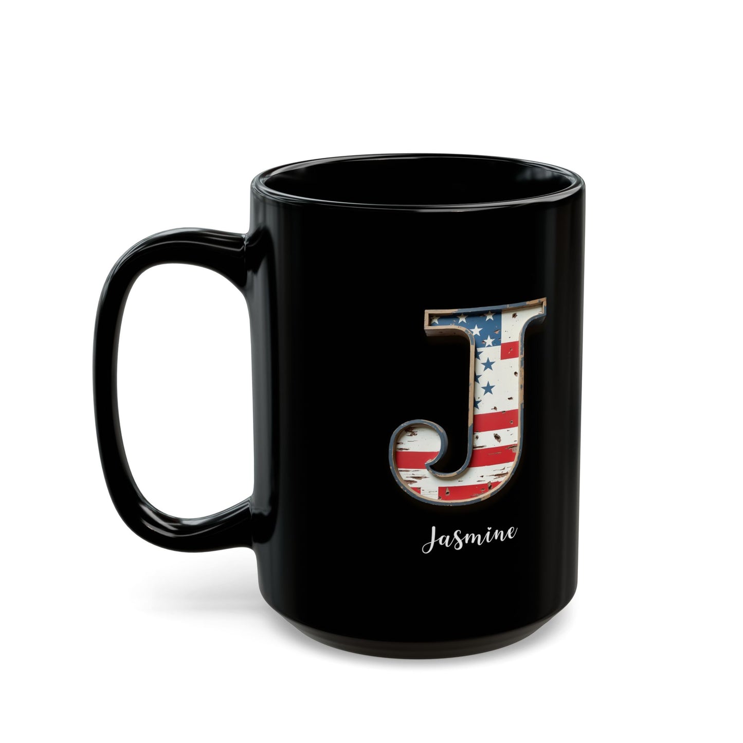 Mug - Patriotic American Flag Letter J with Kevin Name - Vintage Red, White, and Blue Design