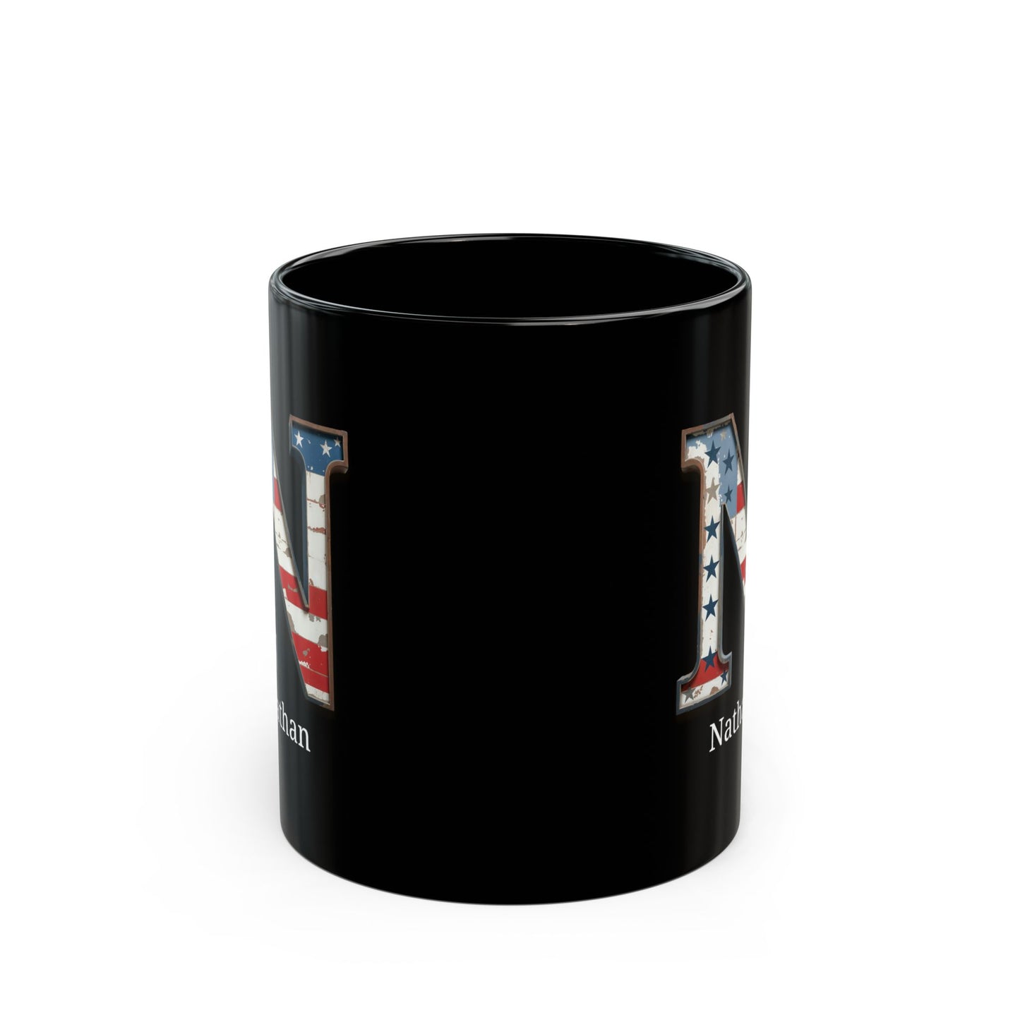 Black American Flag Mug with Letter N and Name Nathan Personalized Patriotic Coffee Cup Gift for Men Veterans or USA Flag Supporters