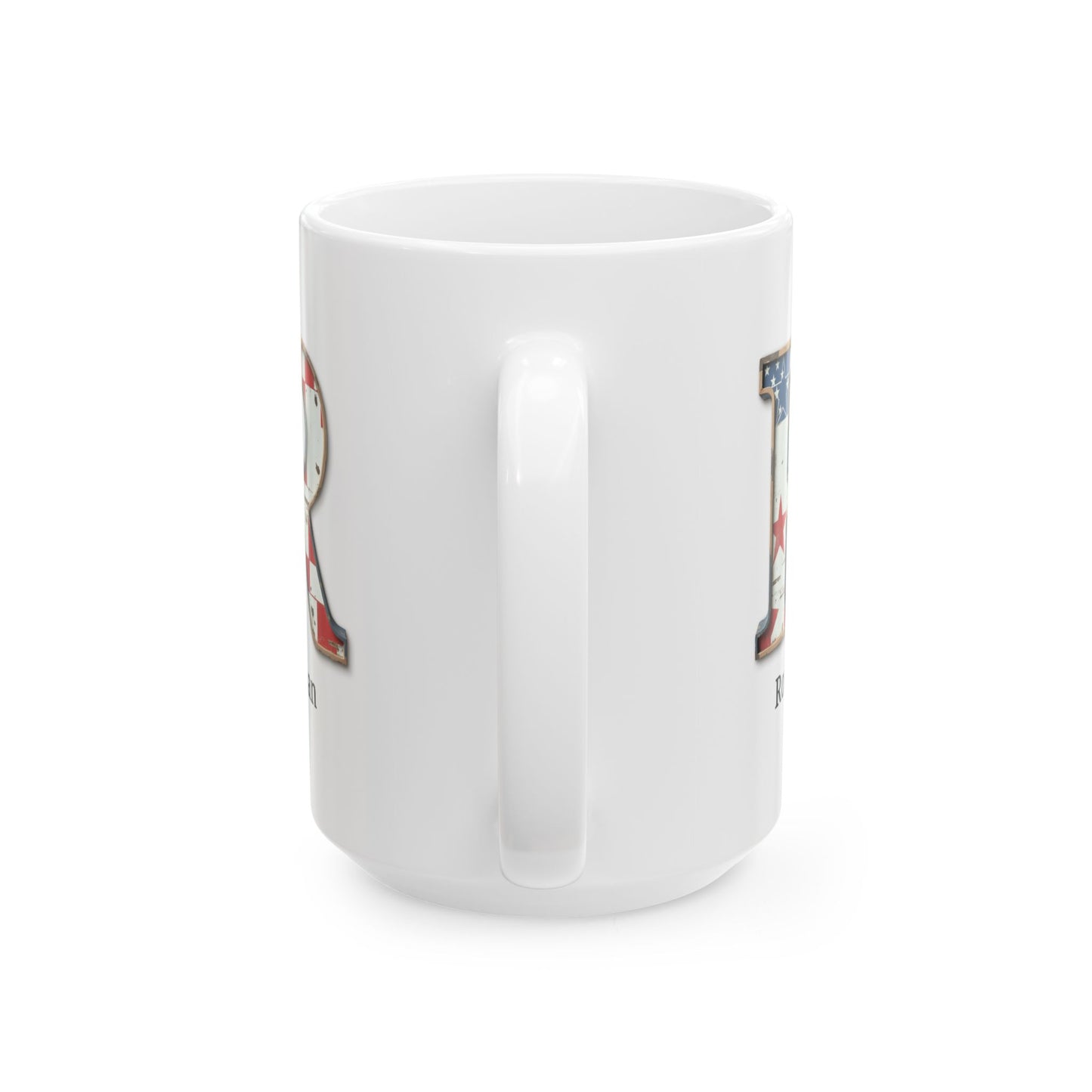 White American Flag Mug with Letter R and Name Roman Personalized Patriotic Coffee Cup Gift for Men Veterans or USA Flag Lovers