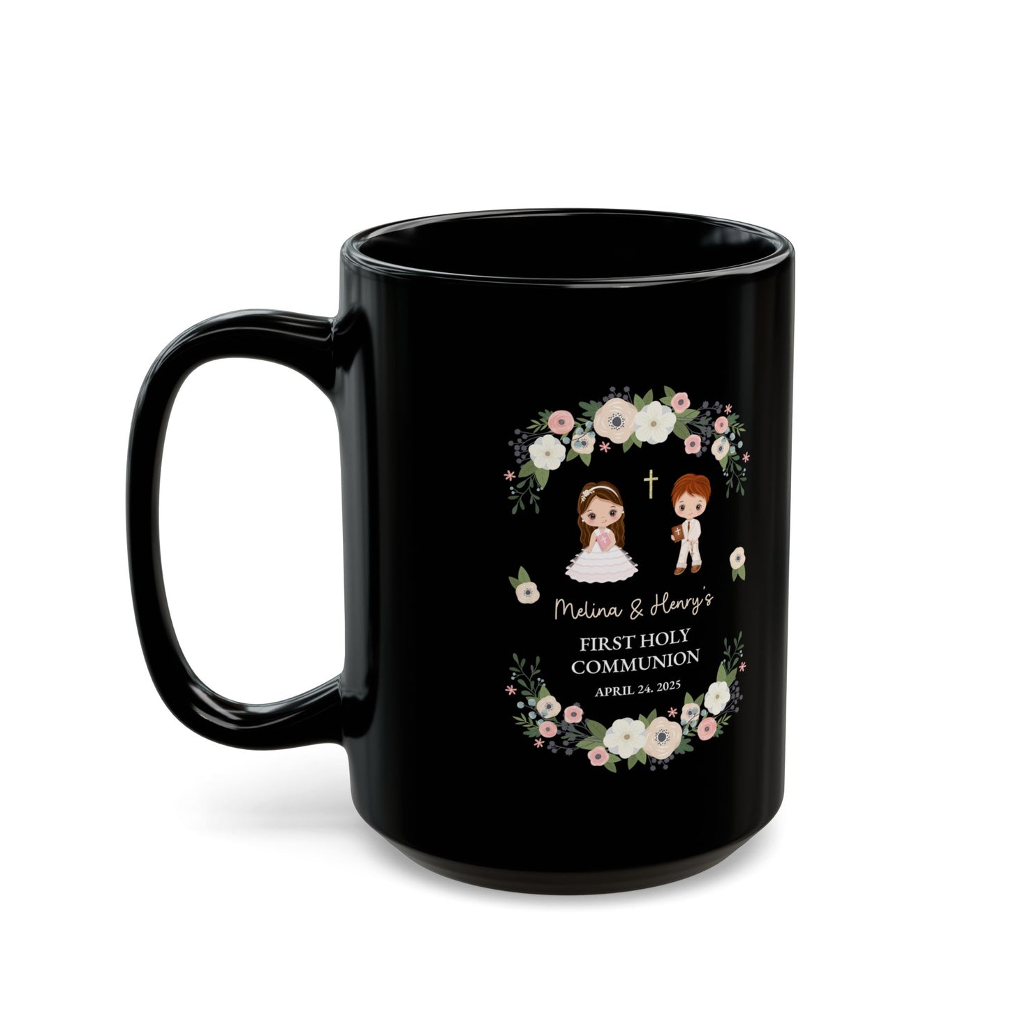 First Holy Communion Black Mug – Custom Gift for Melina & Henry