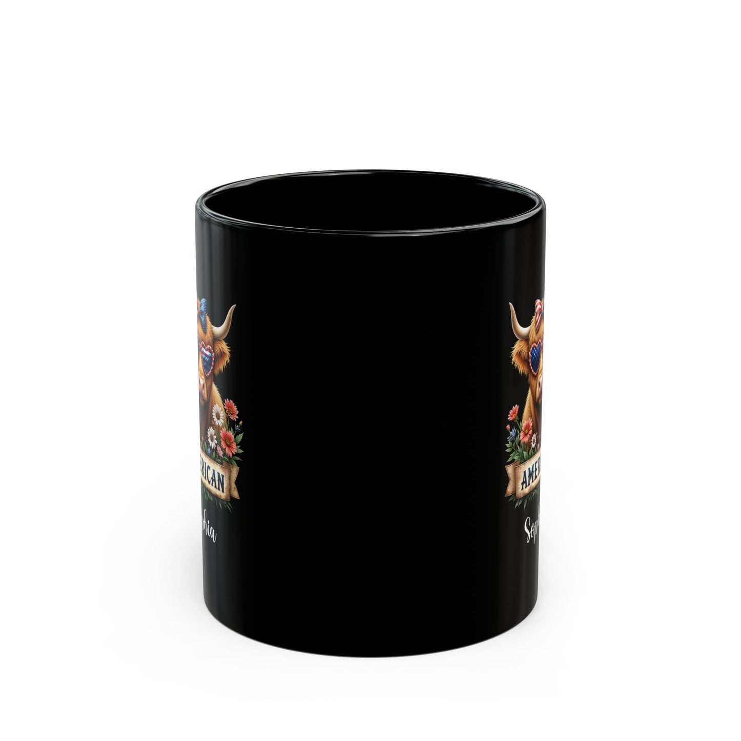 American Highland Cow Mug – Patriotic Personalized Coffee Cup Gift