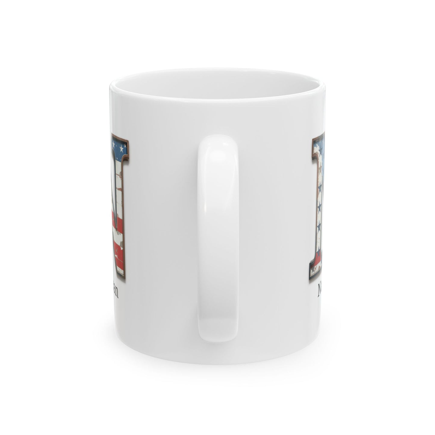 White American Flag Mug with Letter N and Name Nathan Personalized Patriotic Coffee Cup Gift for Veterans Military or Proud Americans