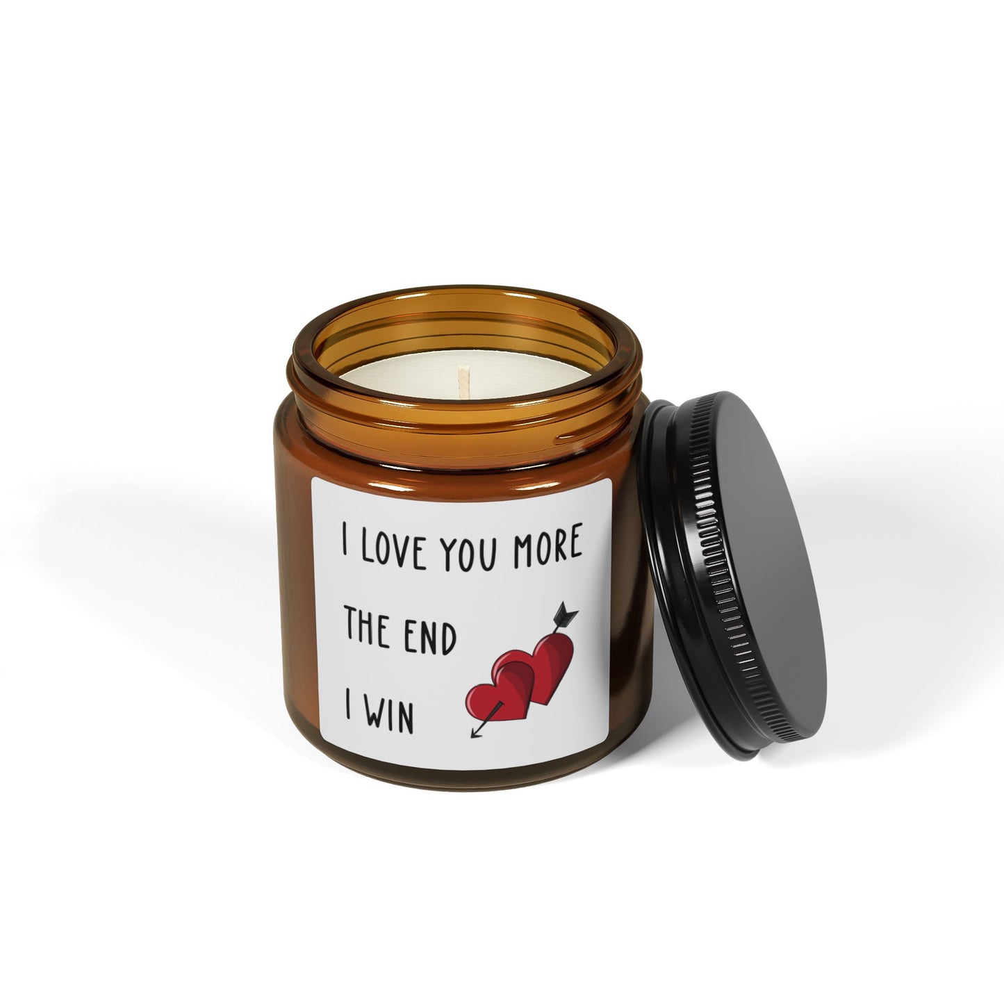 I Love You More Candle – The End I Win – Funny Romantic Gift with Hearts Amber Jar Candle for Him or Her