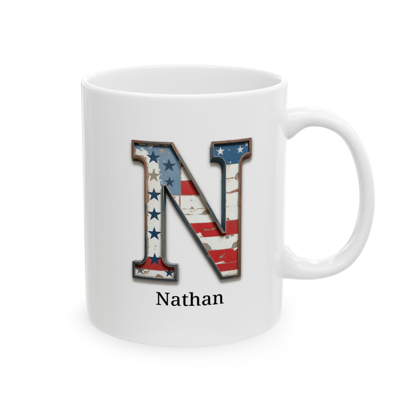 White American Flag Mug with Letter N and Name Nathan Personalized Patriotic Coffee Cup Gift for Veterans Military or Proud Americans