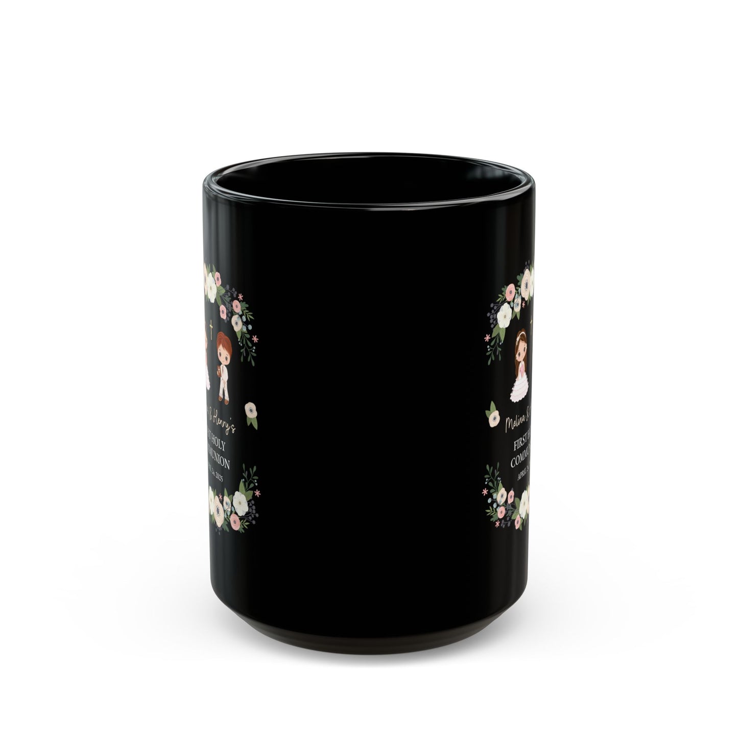 First Holy Communion Black Mug – Custom Gift for Melina & Henry