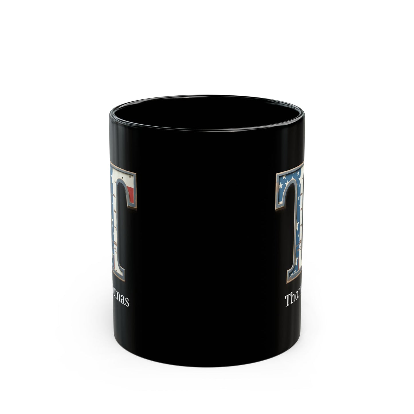Black American Flag Mug with Letter T and Name Thomas Personalized Patriotic Coffee Cup Gift for Men Veterans or USA Flag Supporters