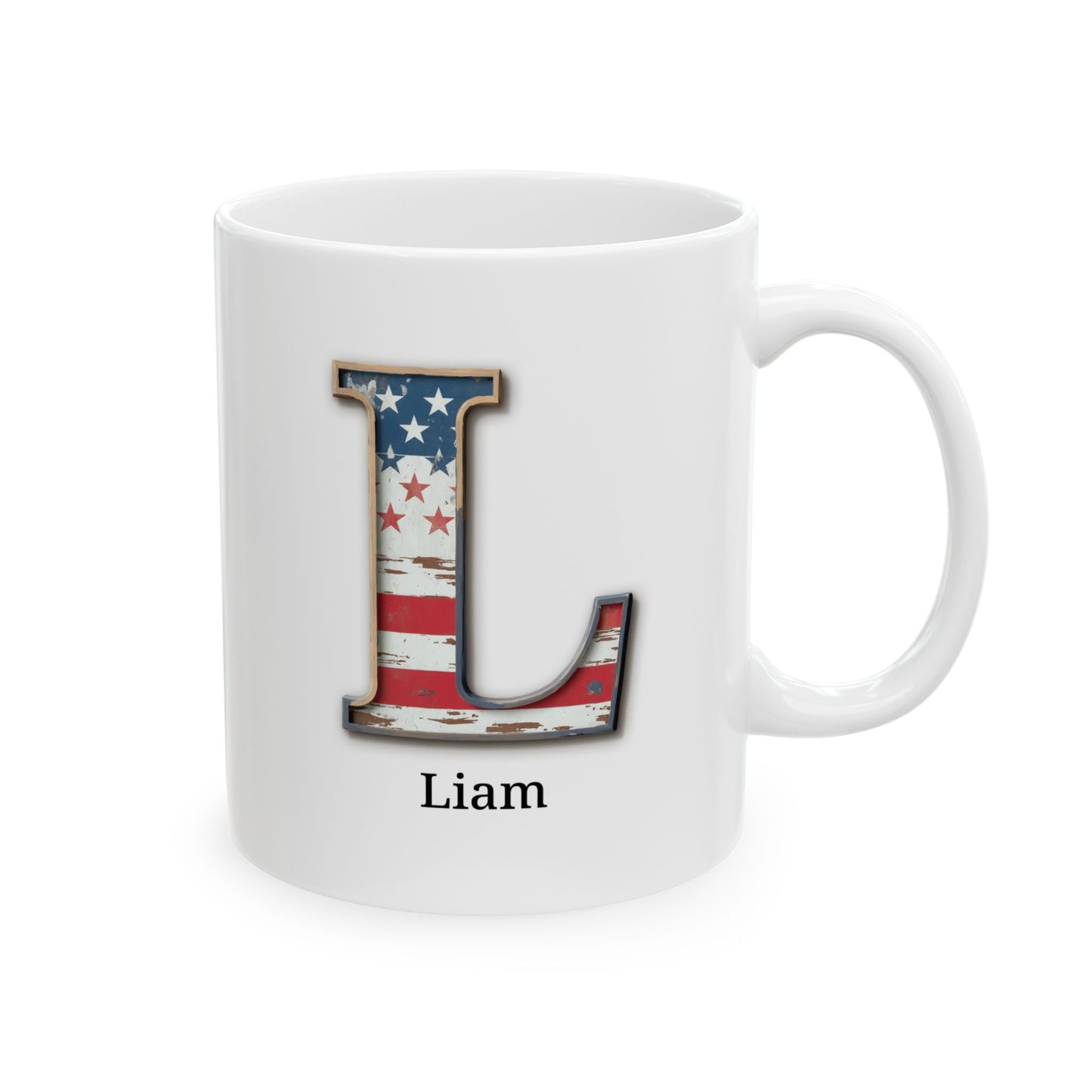 White American Flag Mug with Letter L and Name Liam Personalized Patriotic Coffee Cup Gift for Veterans Military or Proud USA Supporters