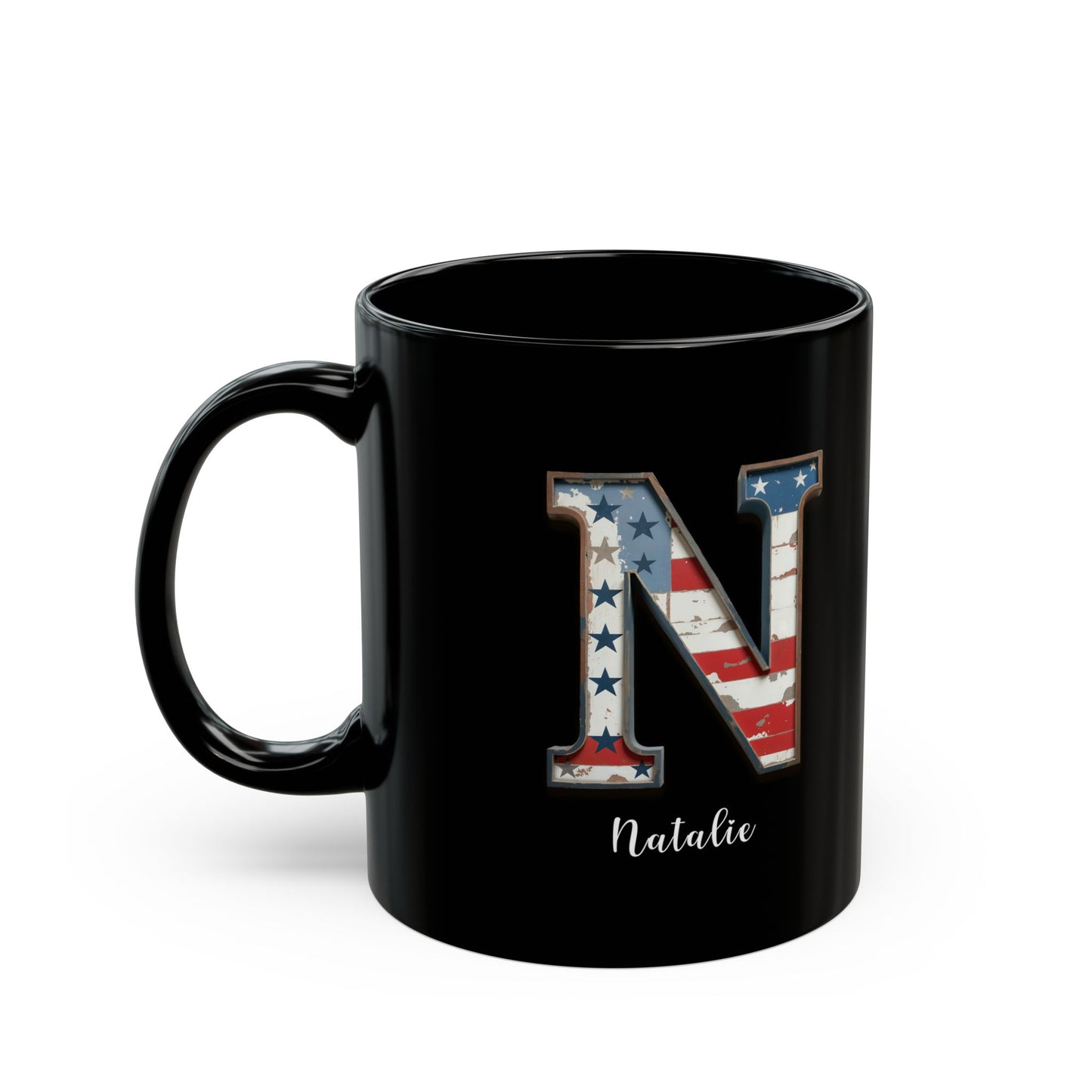Mug - Patriotic American Flag Letter N with Kevin Name - Vintage Red, White, and Blue Design