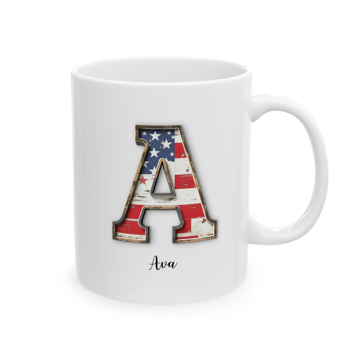 White Patriotic Mug – Letter A with USA Flag – Custom Name Ava Gift