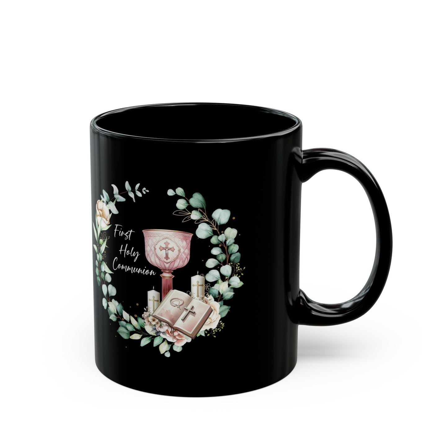 Black First Holy Communion Mug – Elegant Chalice & Bible Gift