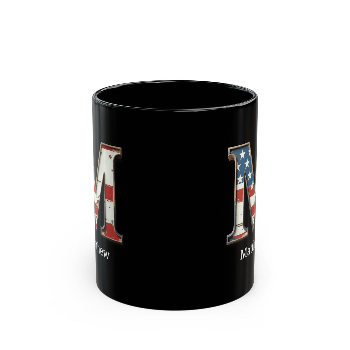 Black American Flag Mug with Letter M and Name Matthew Personalized Patriotic Coffee Cup Gift for Men Veterans or Proud USA Supporters