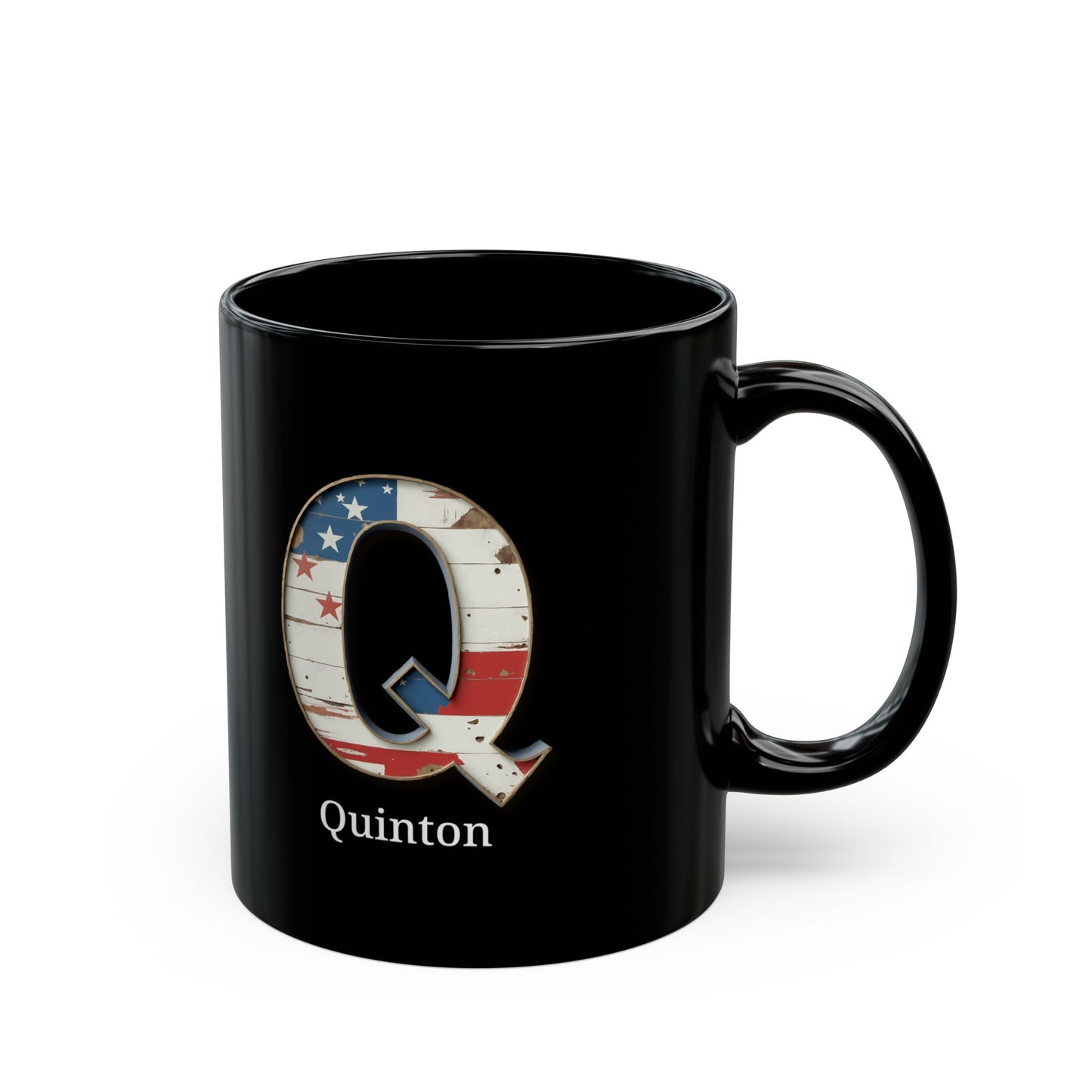 Black American Flag Mug with Letter Q and Name Quinton Personalized Patriotic Coffee Cup Gift for Men Veterans or American Flag Fans