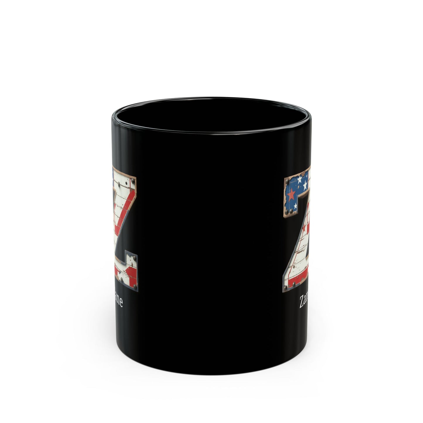 Black Personalized USA Flag Initial Mug with Letter Z and Zane Name Gift for Men, Veterans, Patriotic Coffee Lovers