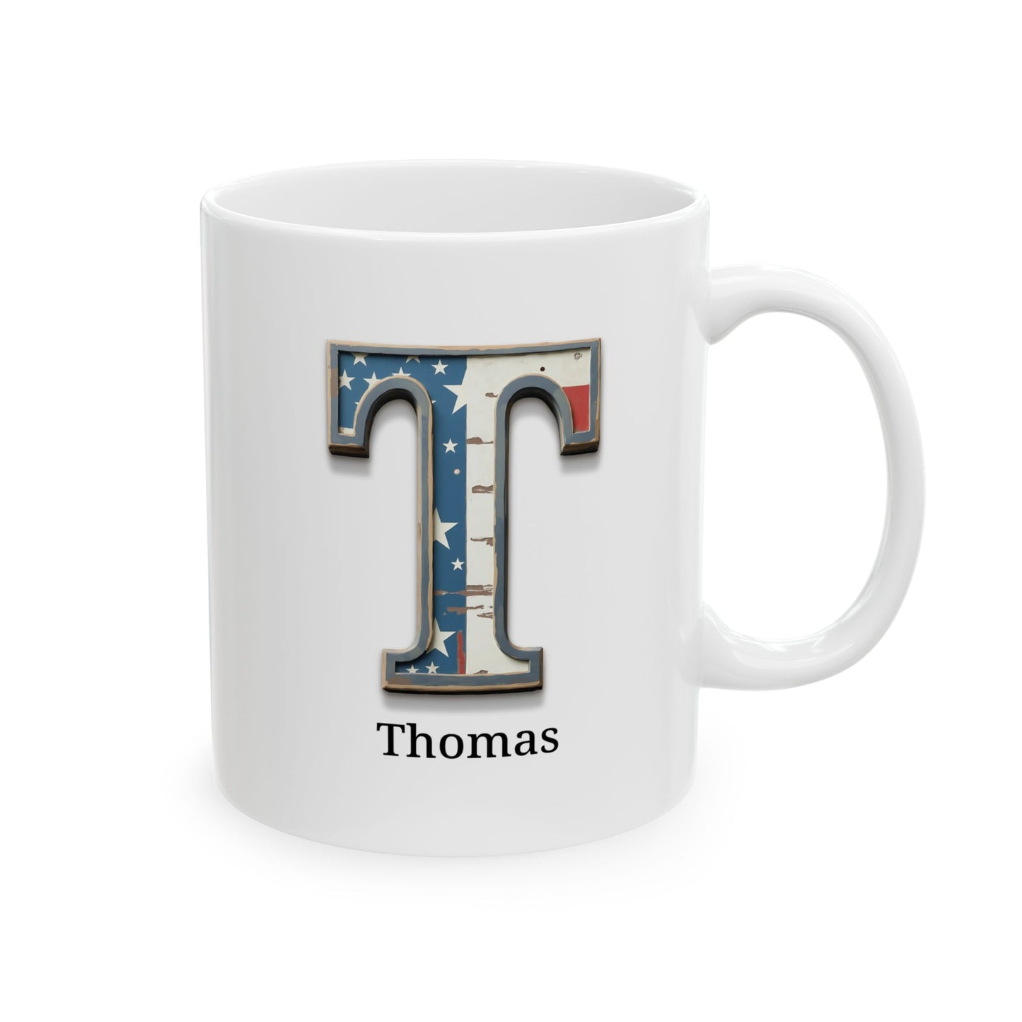 White American Flag Mug with Letter T and Name Thomas Personalized Patriotic Coffee Cup Gift for Men Veterans or Proud Americans