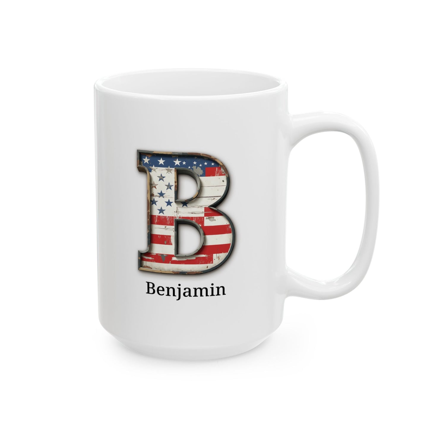 White Personalized USA Flag Initial Mug with Letter B and Benjamin Name Gift for Men, Veterans, Patriotic Coffee Lovers