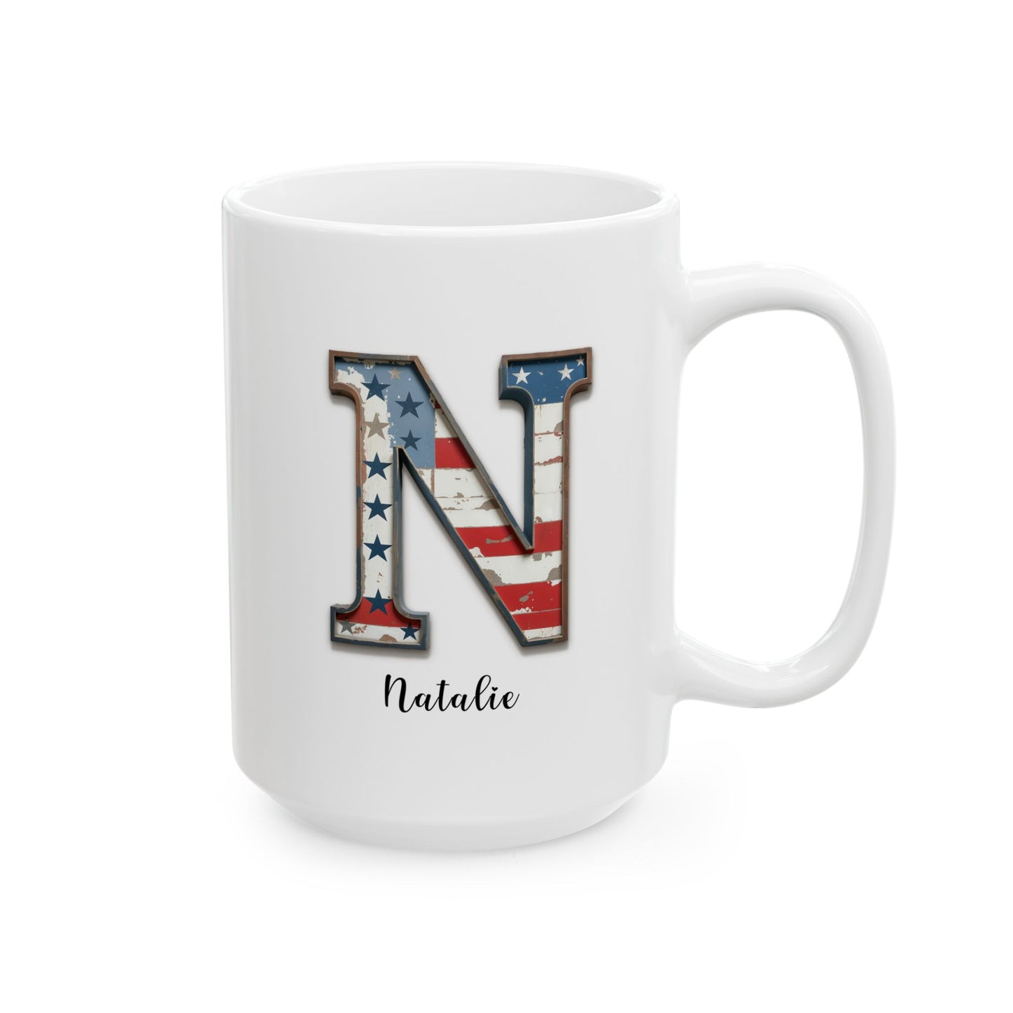 Mug - Patriotic American Flag Letter N with Kevin Name - Vintage Red, White, and Blue Design