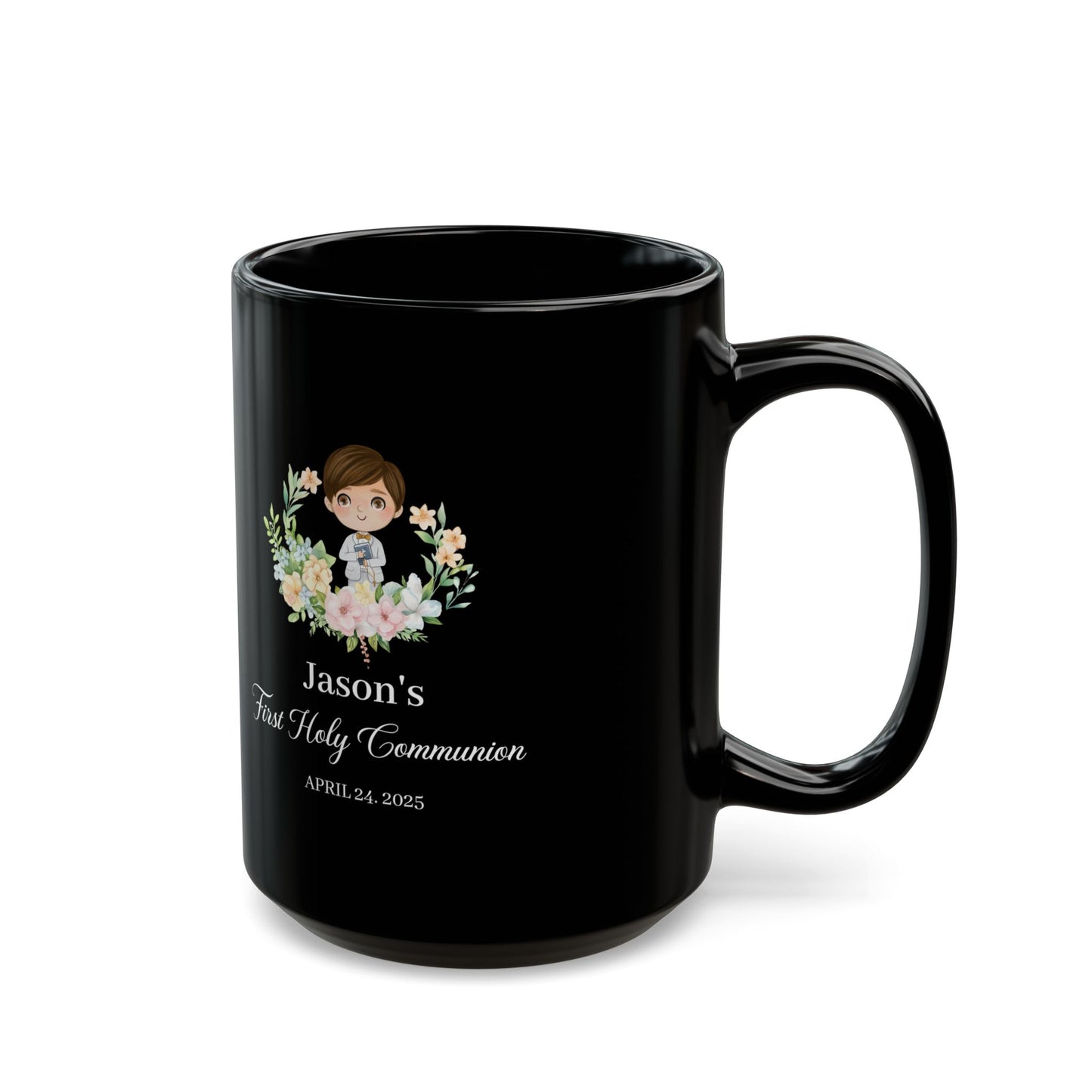 Custom Black Communion Mug for Boy – Personalized First Holy Gift