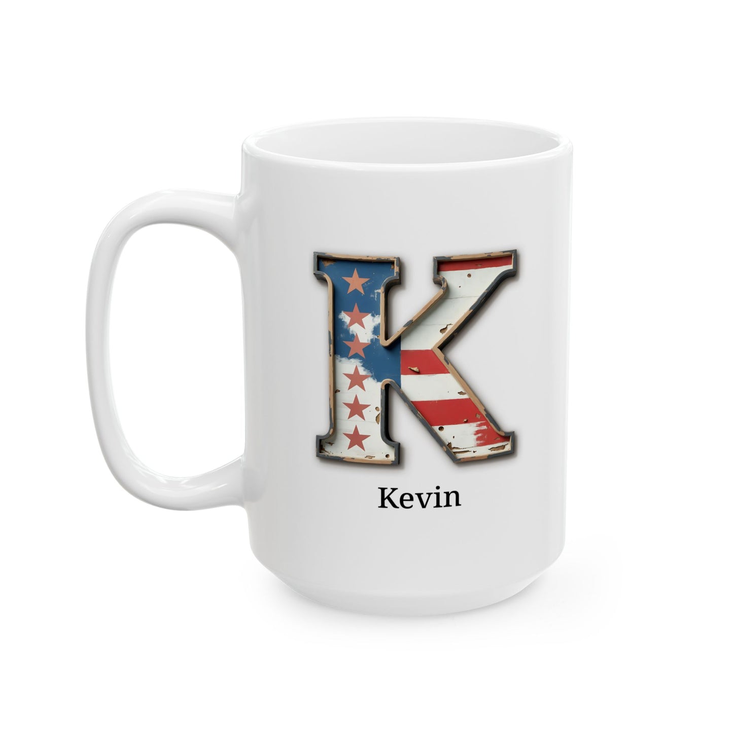 White Patriotic Initial Mug with Letter K and Name Kevin Personalized American Flag Coffee Cup Gift for Men, Veterans, or USA Supporters