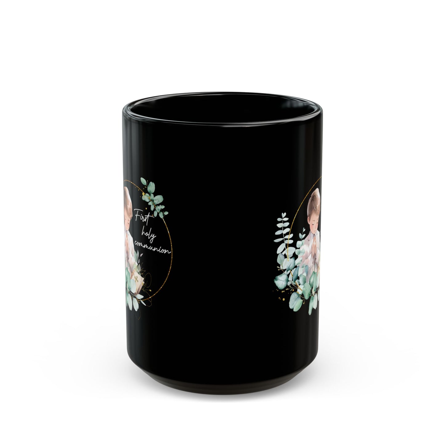 First Communion Mug for Boy – Black Mug with Eucalyptus Prayer Art