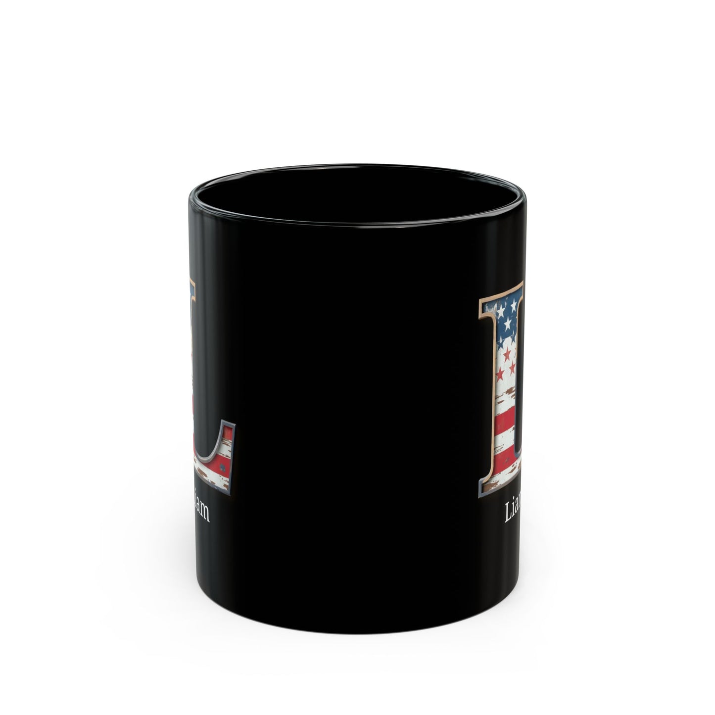 Black American Flag Mug with Letter L and Name Liam Personalized Patriotic Coffee Cup Gift for Men Veterans Military or Proud Americans