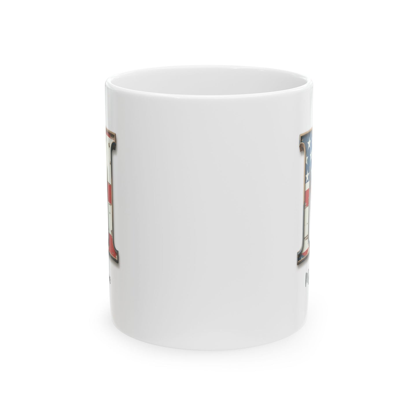 Mug - Patriotic American Flag Letter M with Kevin Name - Vintage Red, White, and Blue Design