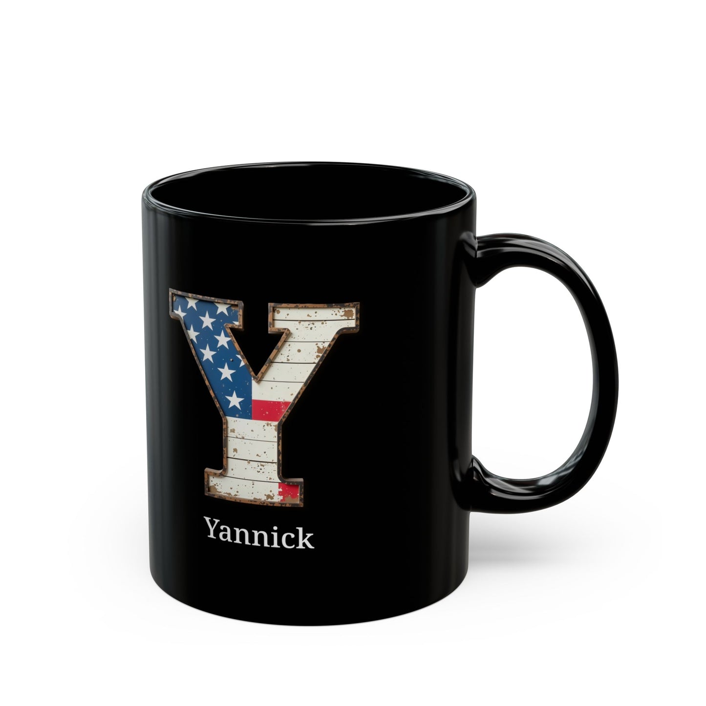 Black Personalized USA Flag Initial Mug with Letter Y and Yannick Name Gift for Men, Veterans, Patriotic Coffee Lovers
