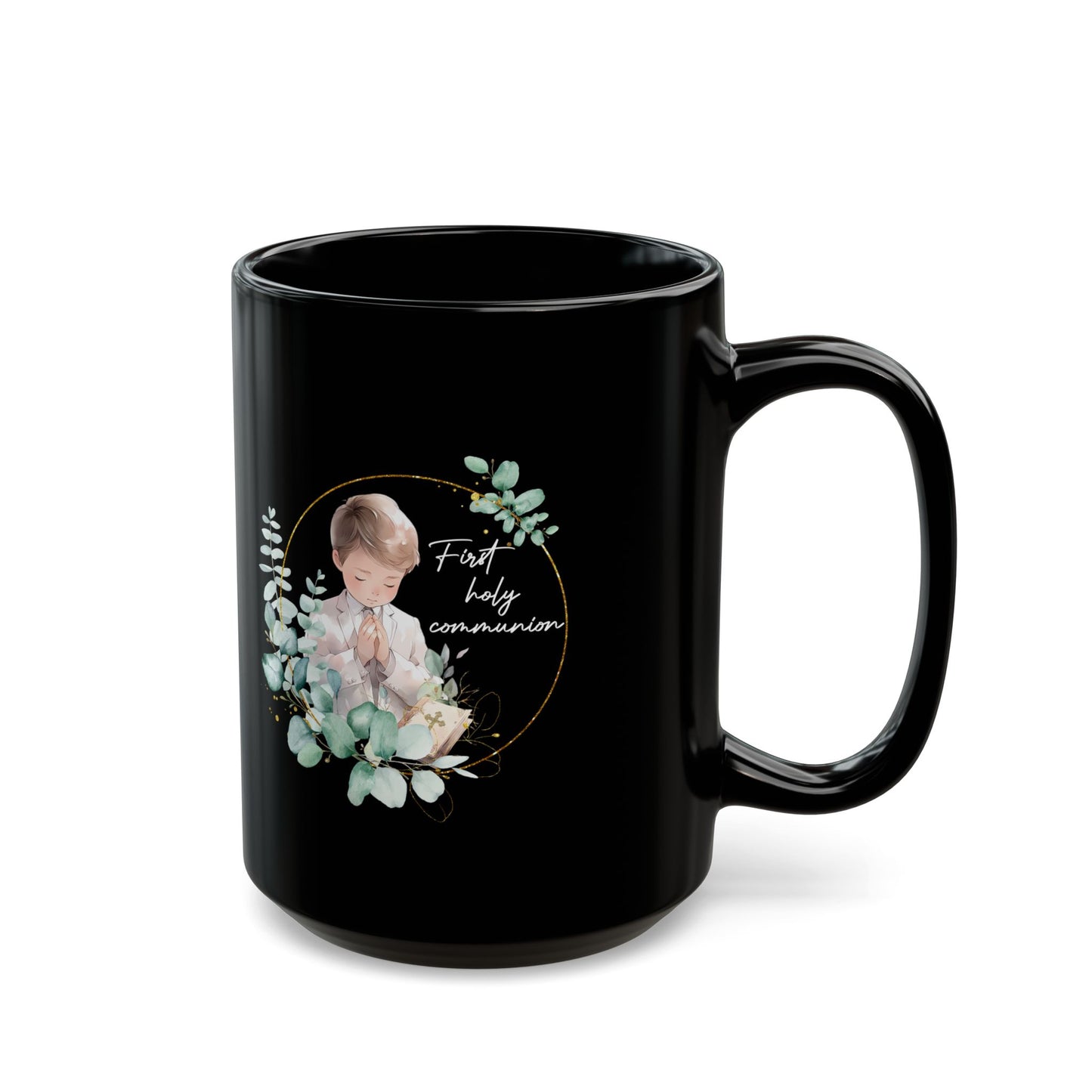 First Communion Mug for Boy – Black Mug with Eucalyptus Prayer Art