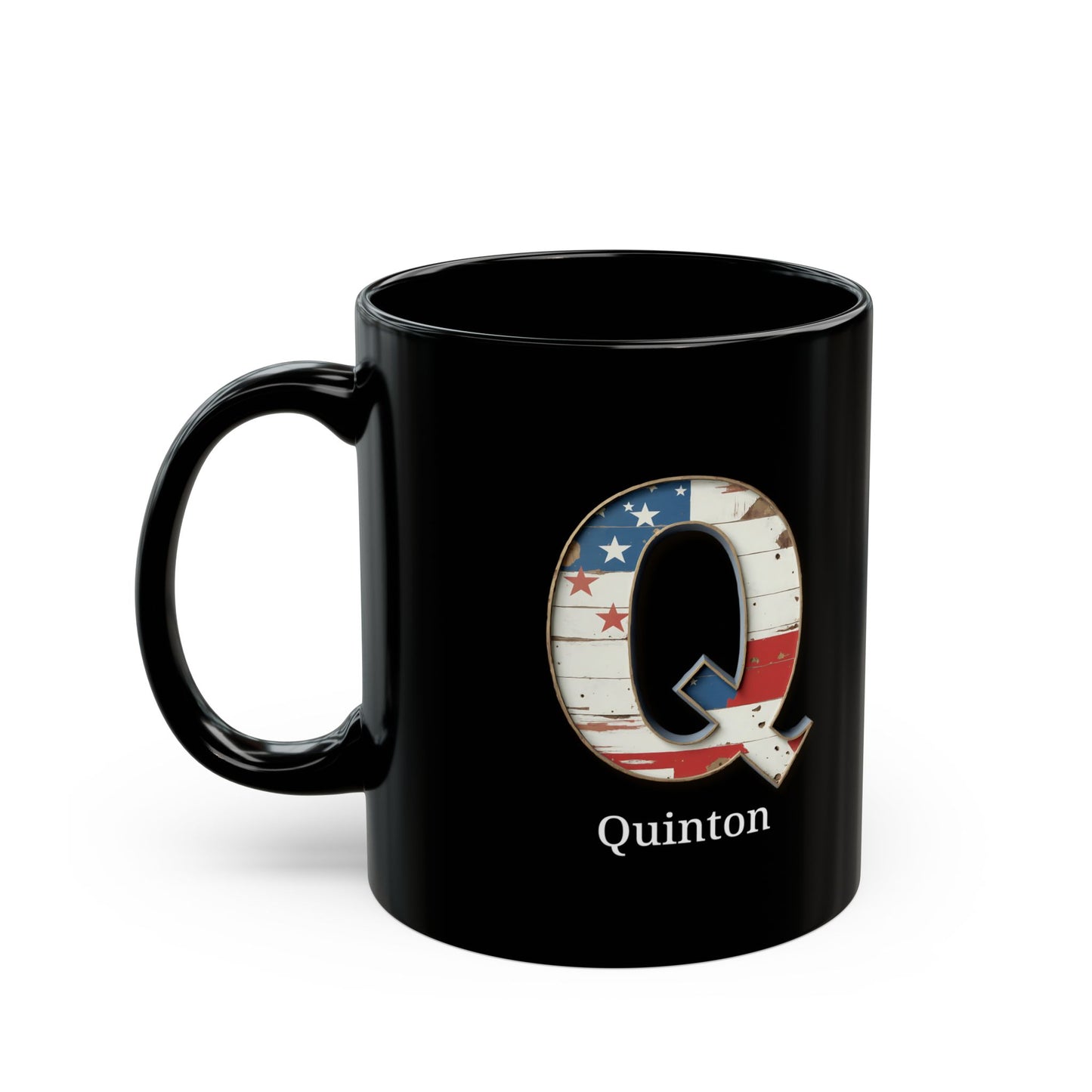 Black American Flag Mug with Letter Q and Name Quinton Personalized Patriotic Coffee Cup Gift for Men Veterans or American Flag Fans